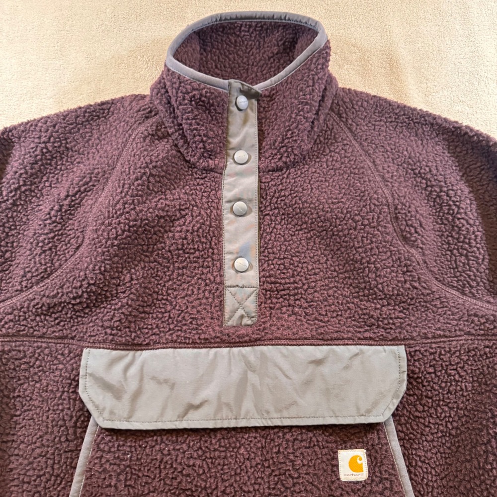 Carhartt Sherpa Fleece Pullover Quarter Snap Outdoor Jacket Deep Purple Sz L - Picture 3 of 13